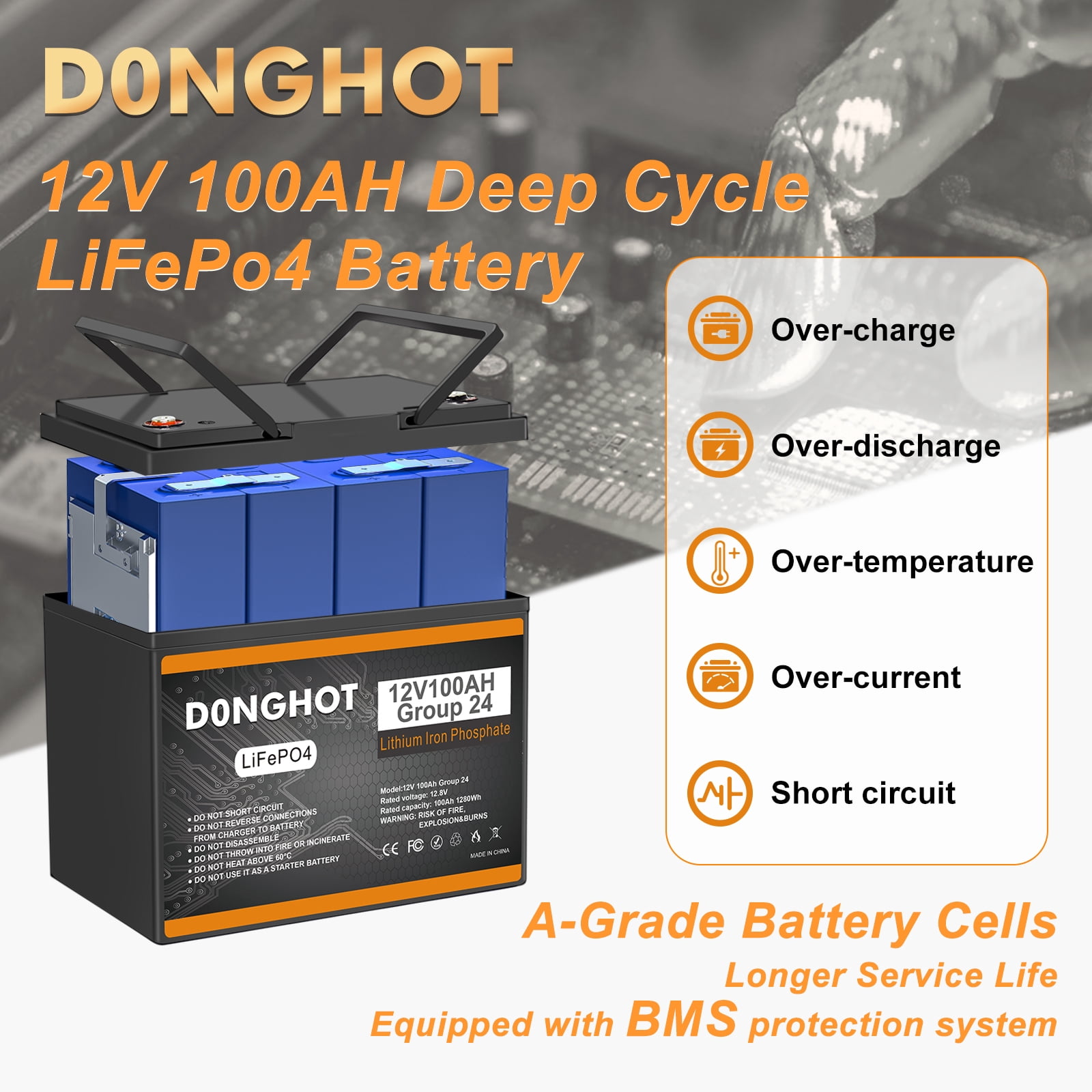 12V 100AH LiFePo4 lithium Deep Cycle Battery with 100A BMS for Trolling Motor,RV,Golf Cart