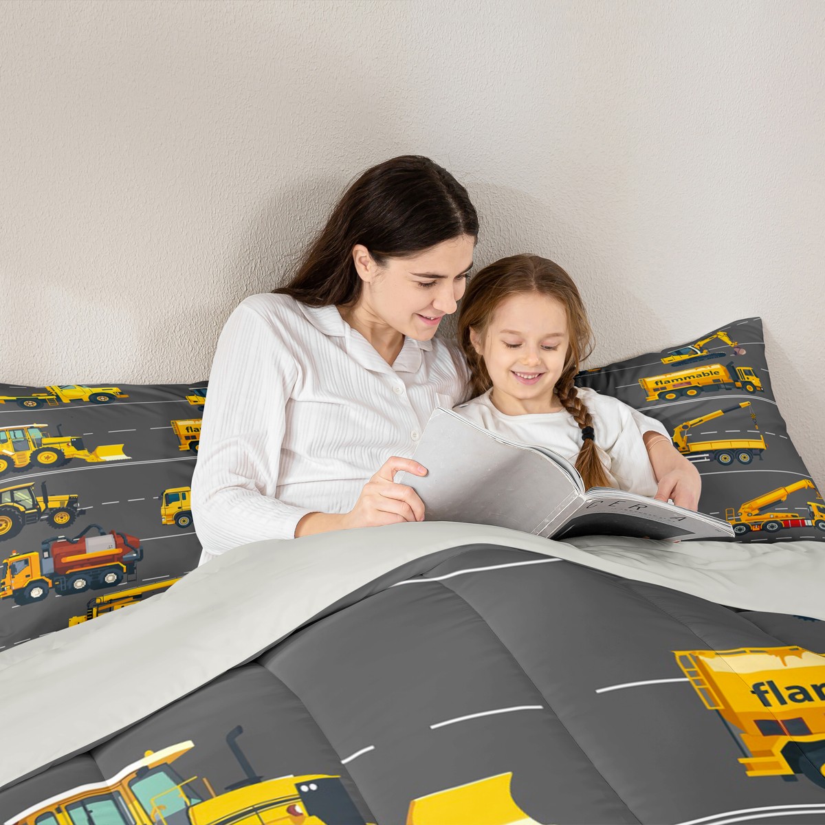 Homewish Construction Vehicles 7-Piece Twin Bedding Sets,Flammable Bedding Comforter Set,Brown Brown Sheet Sets For Boys Kids,Super Cozy Room Decor Reversible