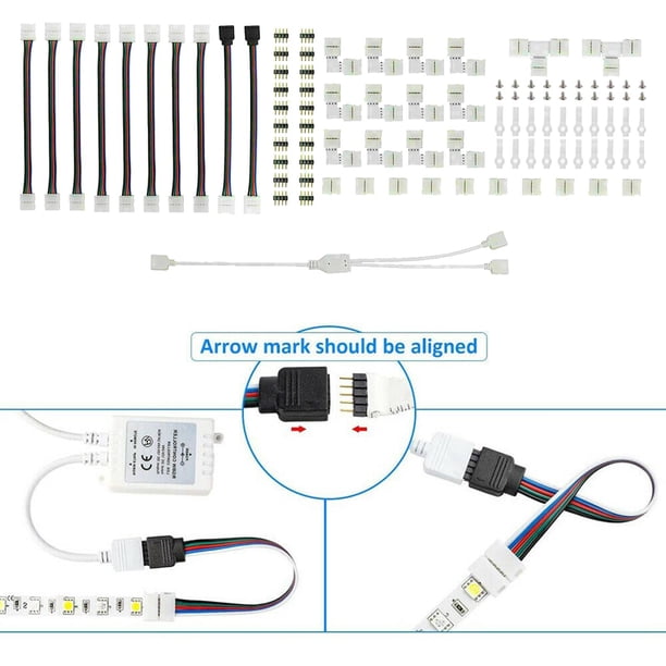 5050 Kit de conector de tirarere de lámpara LED RGB de 4 piezas con conectores de puente de tirarere LED PCB de 10mm, Cable divisor RGB de 2 vías, Clips de tirarere de