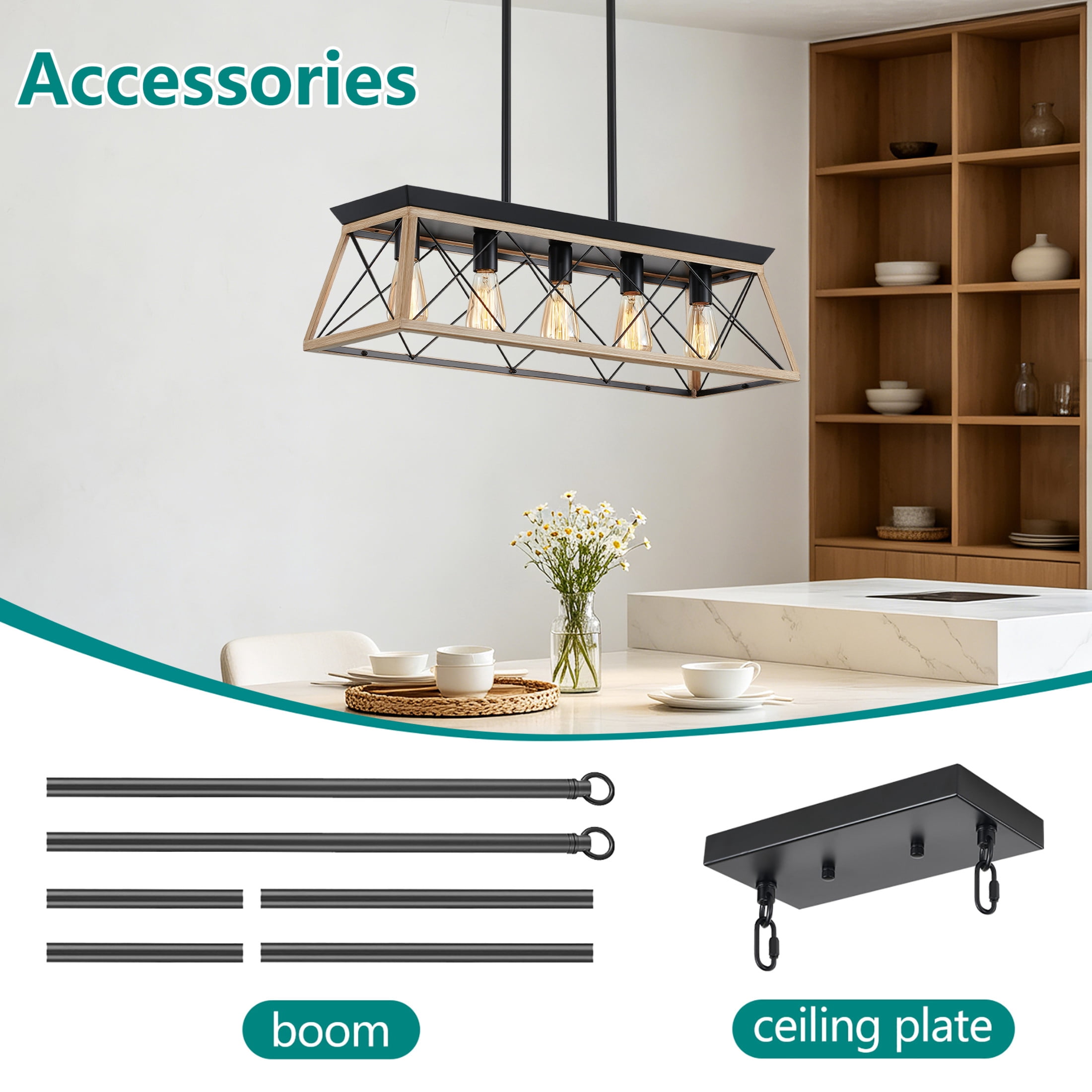 GDF Studio 5-Light E26 Farmhouse Chandelier, Rustic Kitchen Island Pendant Light with Adjustable Height, Natural Wood