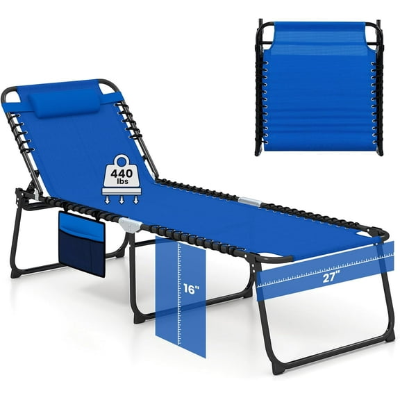 HOWEN Lounge Chair for Outside, 440lbs 27” Oversize Folding Beach Tanning Sunbath Chair with Adjustable Backrest & Removable Pillow, Lightweight Portable Patio Lounger for Lawn Poolside (Blue,1)