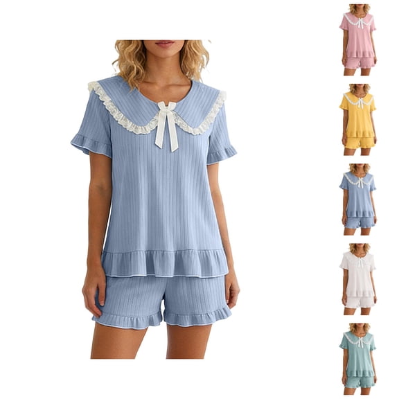 Short Sets for Women Cute Ruffle Hem Short Sleeve Peter Pan Collar T Shirt and Shorts 2 Piece Matching Set Loungewear