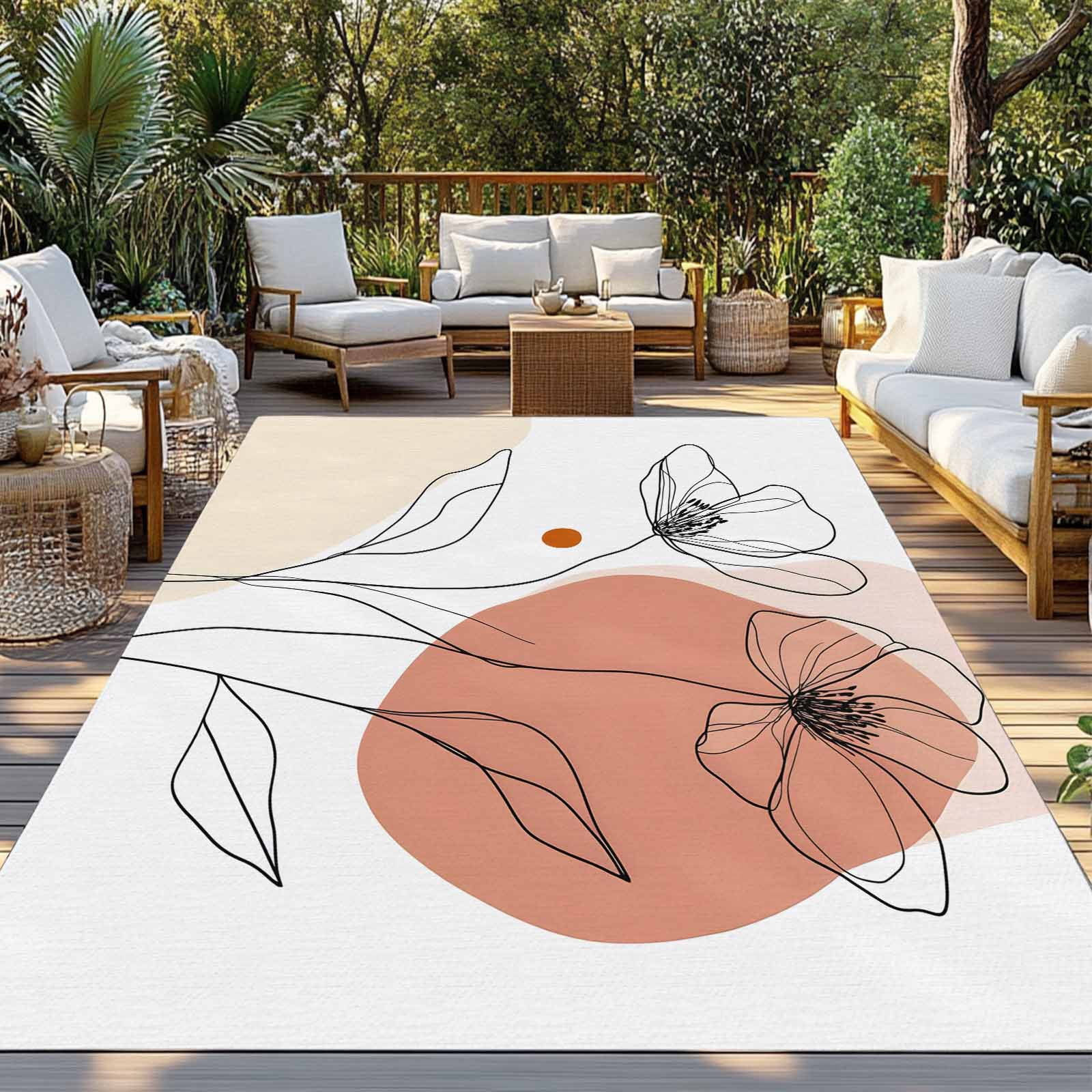 Fsddascl Boho Floral Outdoor Rug for Patio/Deck/Porch, Non-Slip Large Area Rug 5 x 8 Ft, Nordic Contemporary Minimalist Clean-lined Indoor Outdoor Rugs Washable Area Rugs, Camping Rug Carpet