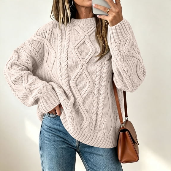 Xdegoge Womens Chunky Cable Knit Sweaters Long Sleeve Crewneck Oversized Pullover Slouchy Drop Shoulder Fall Winter Warm Cozy Jumper Tops for Casual Outerwear