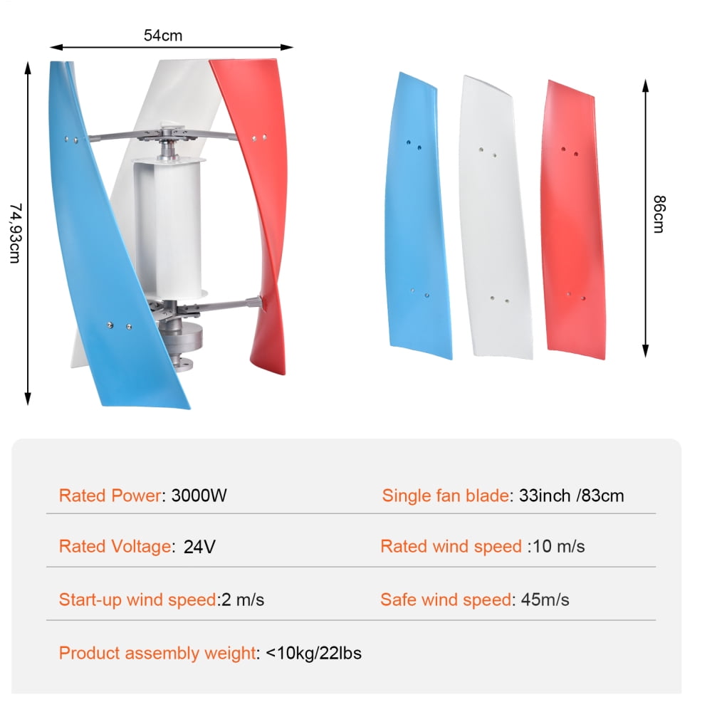3000W 24V Vertical Wind Turbine Kit, Quiet 3-Blade 3000W 24V Wind Powered Generator for Boat & Cabin