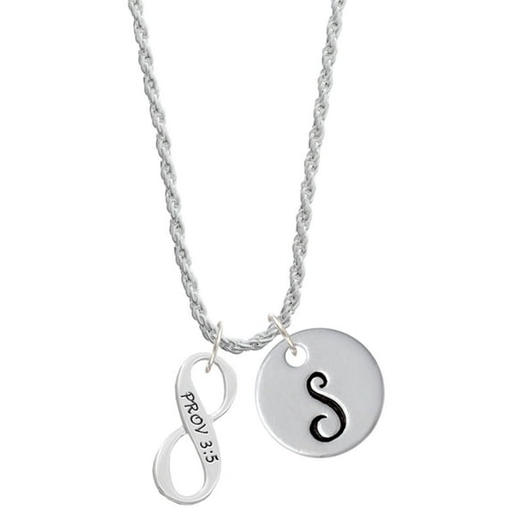 Delight Jewelry Silvertone Proverbs 3:5 Infinity Sign Silvertone Script Initial Disc - S - Charm Necklace, 20"+3"