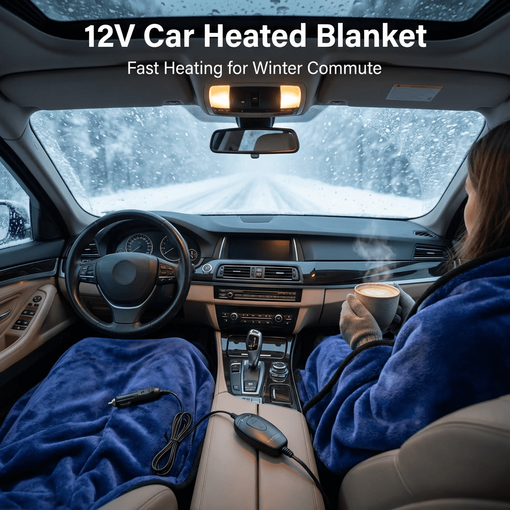 12V Car Heated Blanket with Smart Timer & 3 Heat Settings - Reversible Navy Blue & Dark Grey Electric Flannel Throw - Washable, 72" Long Cord, 55"x39" Large Size for Winter Travel, SUV, RV