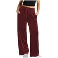 thumbnail image 2 of fheaev Velvet Pants for Women Drawstring Wide Leg Casual Pant Solid Color Elastic High Waist Straight Leg Pants Loose Comfy Trousers With Pockets, 2 of 8