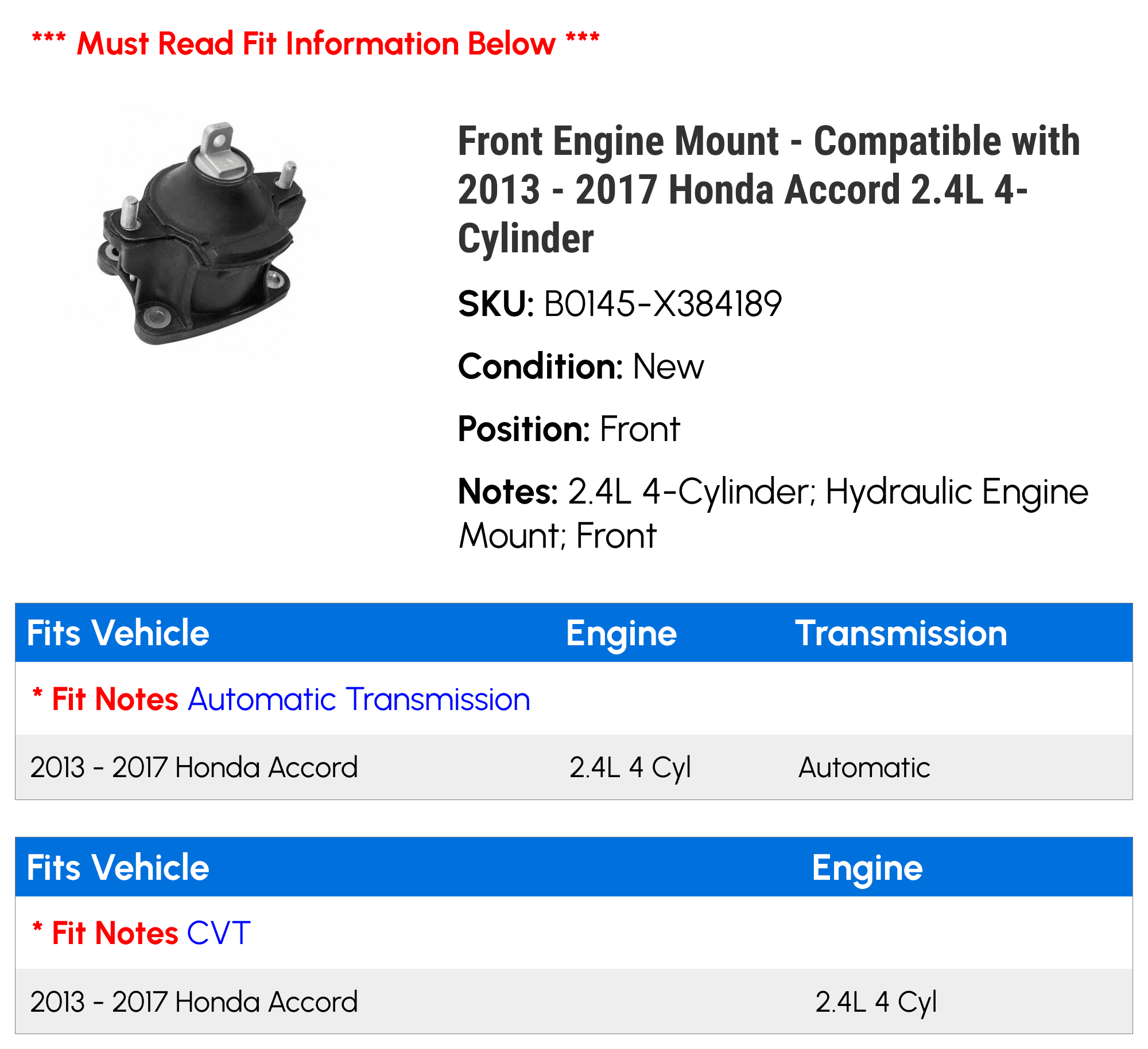 Front Engine Mount - Compatible with 2013 - 2017 Honda Accord 2.4L 4-Cylinder 2014 2015 2016