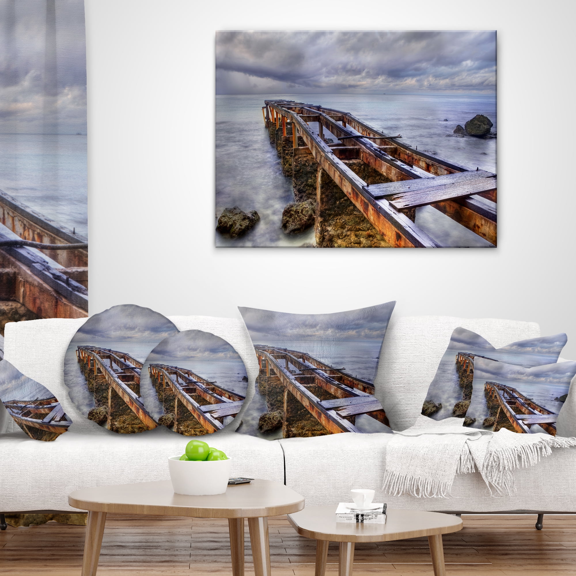 Designart Old Rusty Pier in Cloudy Day - Seashore Photo Throw Pillow - 18x18