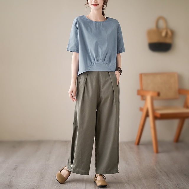 Conjunto de dos piezas de pantalones holgados de lino y algodón artísticos de verano de Shot de nueve puntos