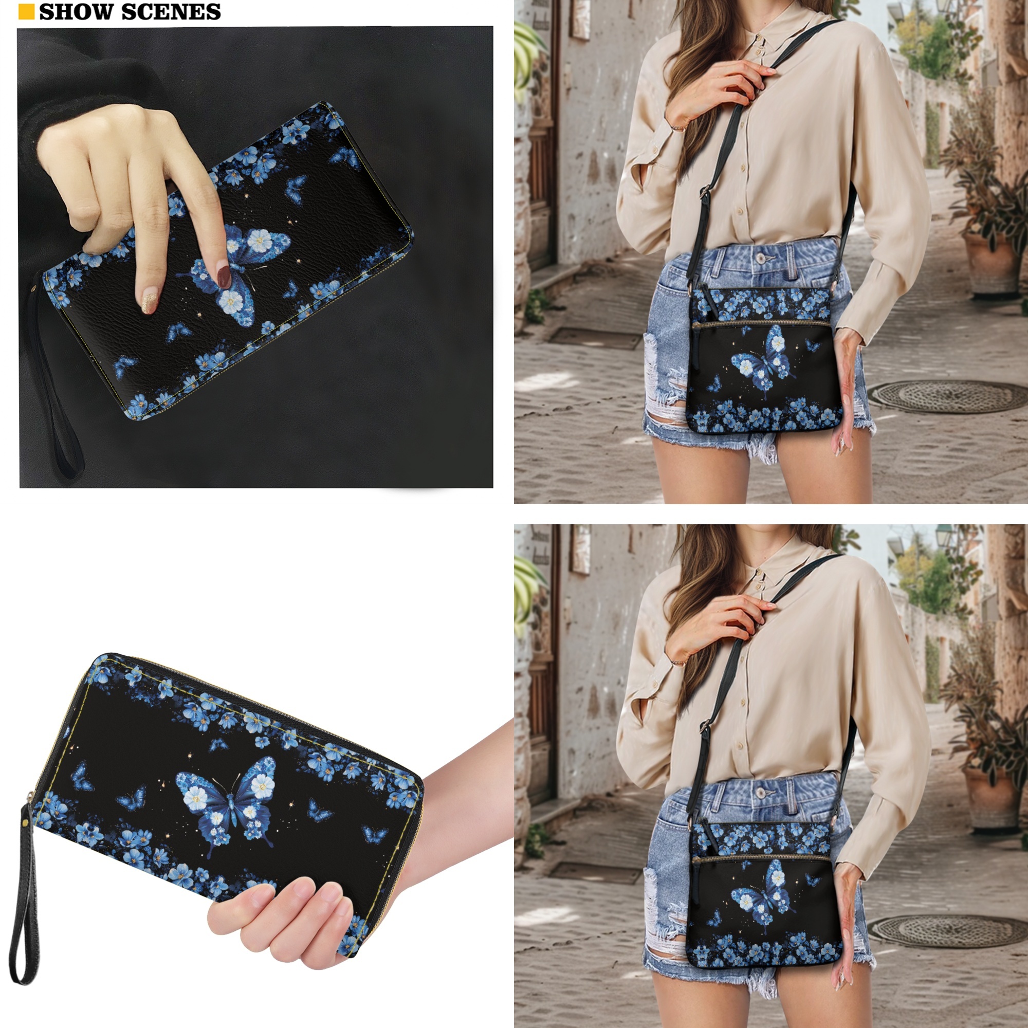 ZUXONGSY Butterfly Flower Print Women's Crossbody Hobo Purse & Wallet Set, PU Leather Satchel Bag with Multi-Pocket Design & Adjustable Strap for Travel & Work