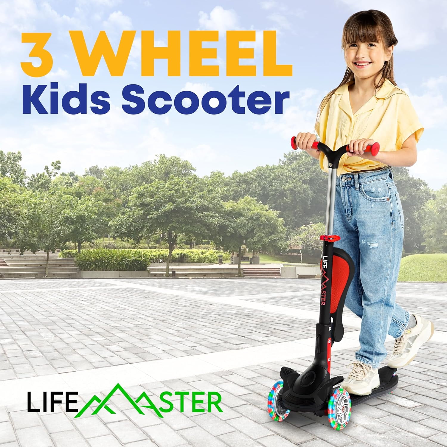 Kids Scooter – Foldable Seat – LED Wheel Lights Illuminate When Rolling – Children and Toddler 3 Wheel Kick Scooter – Adjustable Handlebar – Indoor and Outdoor- Black - by Lifemaster