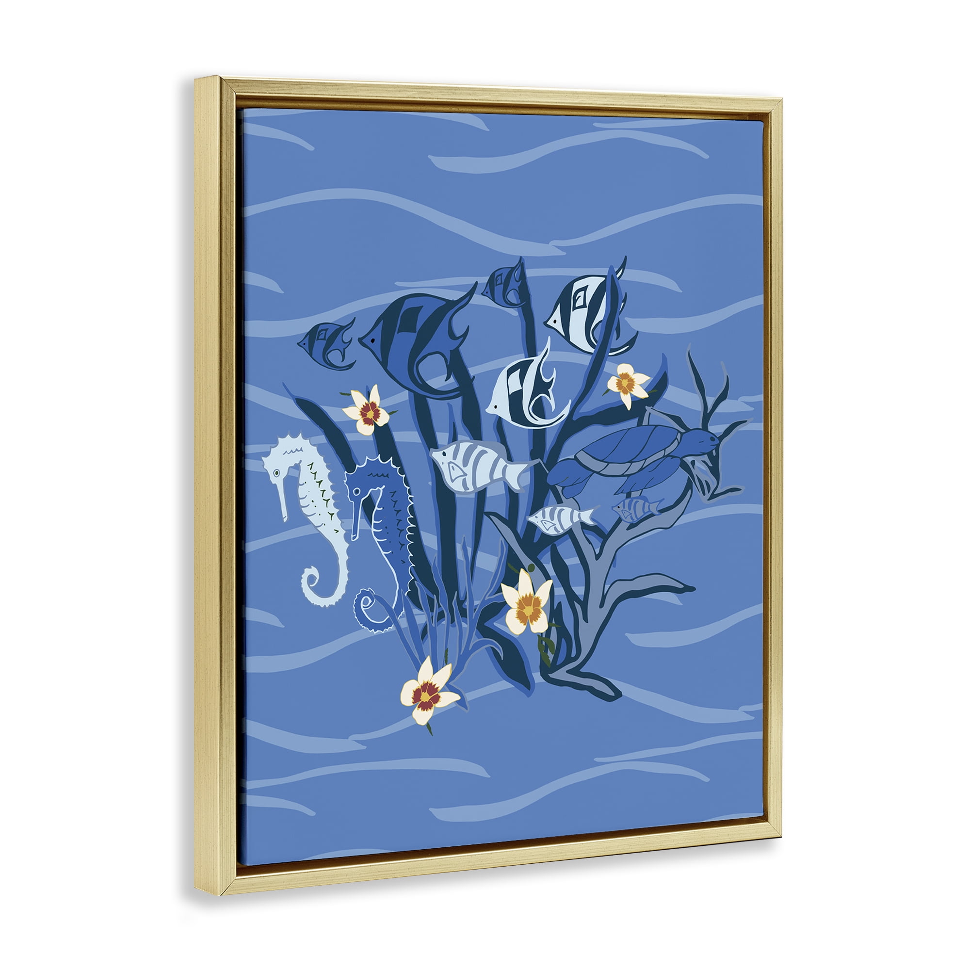 Stupell Industries Blue Undersea Critters Nautical & Beach Painting Gold Floater Framed Canvas Art Print Wall Art, 25 x 31