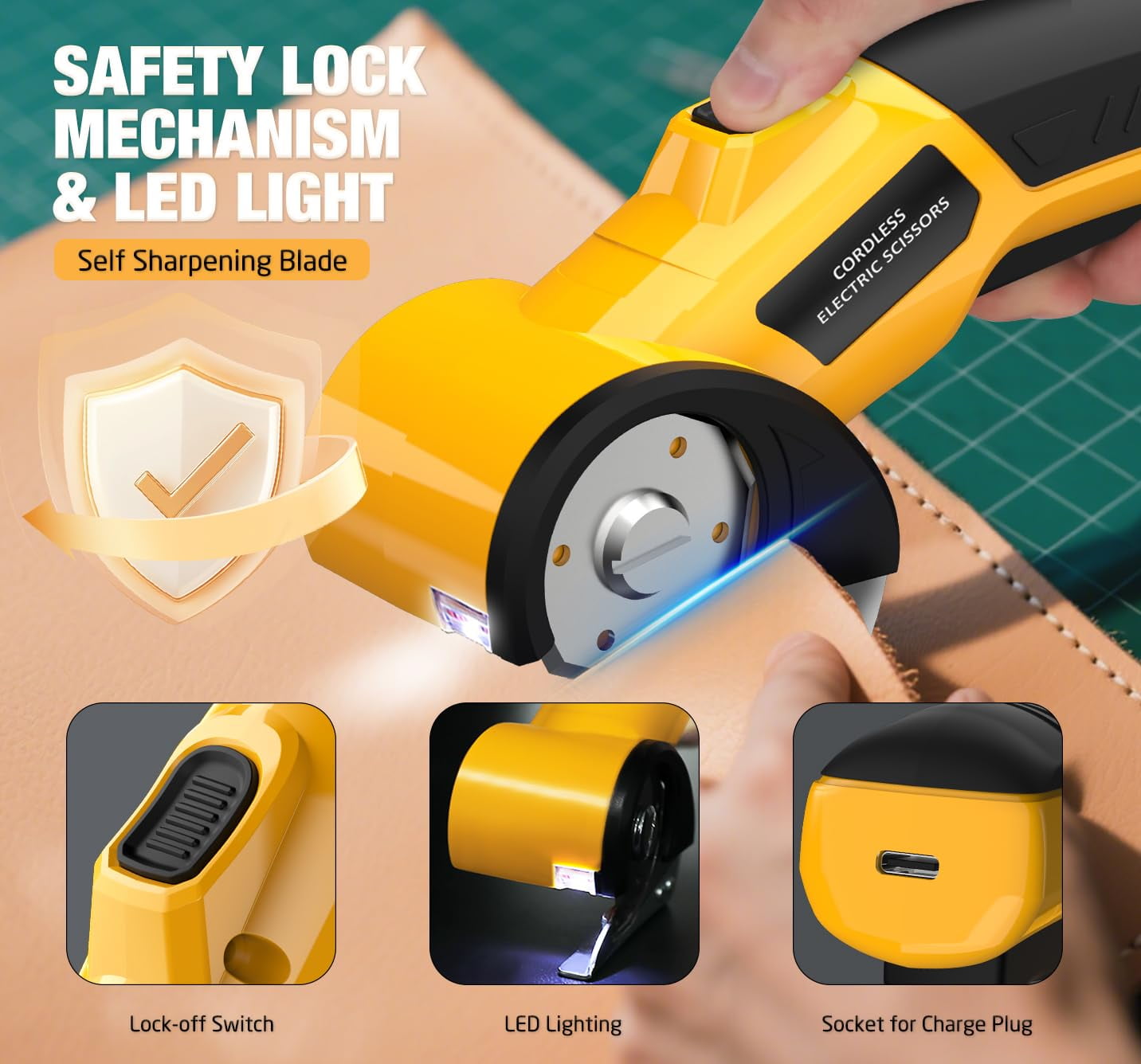 TANGKA Cordless Electric Scissors,4V 60-Minute Runtime with Dual Safety Locks,Auto-Stop Blade,Box Cutter for Carton, Carpet, Plastic, Fabric, Leather (Yellow)