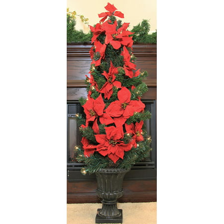 46" Pre-Lit Red Artificial Poinsettia Potted Christmas Tree - Clear Lights - Walmart.com