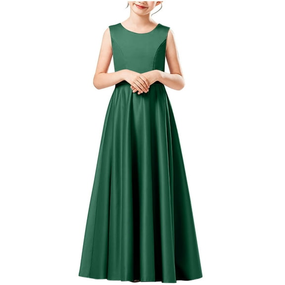 AINIYS Girls Short Sleeve A-Line Maxi Dress With Crew Neck And Hidden Back Zipper Satin Finish For Wedding Guest And Formal Event Army Green 2-3Years