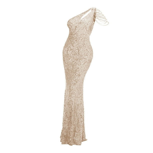 Gibobby Vestidos de fiesta elegantes Vestido de noche largo con lentejuelas de un hombro para mujer(Beige,XL)