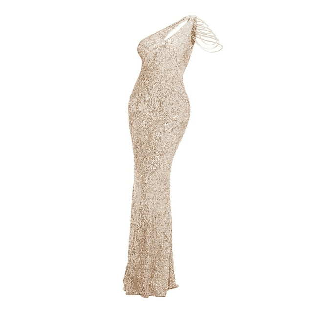 Robe de Soirée Petite Robe de Soirée une Épaule à Sequins Robe de Bal Longue Vêtements pour Femmes Adultes Beige Taille TG