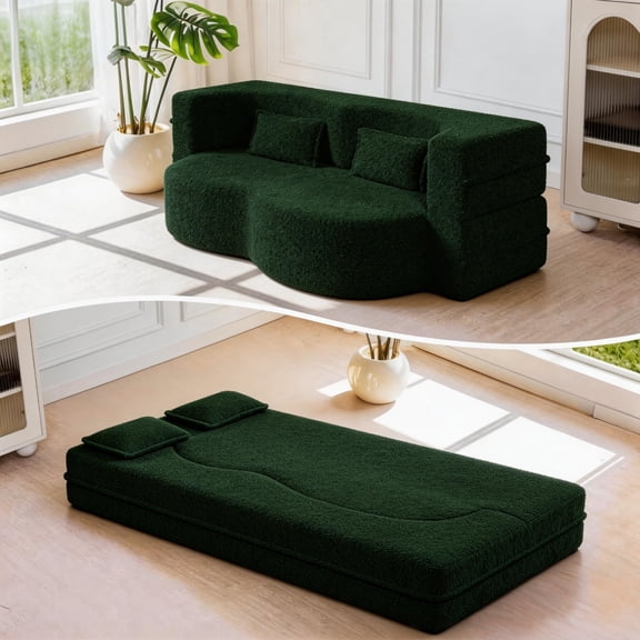78" FIRSCOOK Teddy Fabric Convertible Loveseat Sofa Bed, 2-Seat Floor Sleeper Sofa with Pillows, Boneless Couches for Home，No Assembly，Green