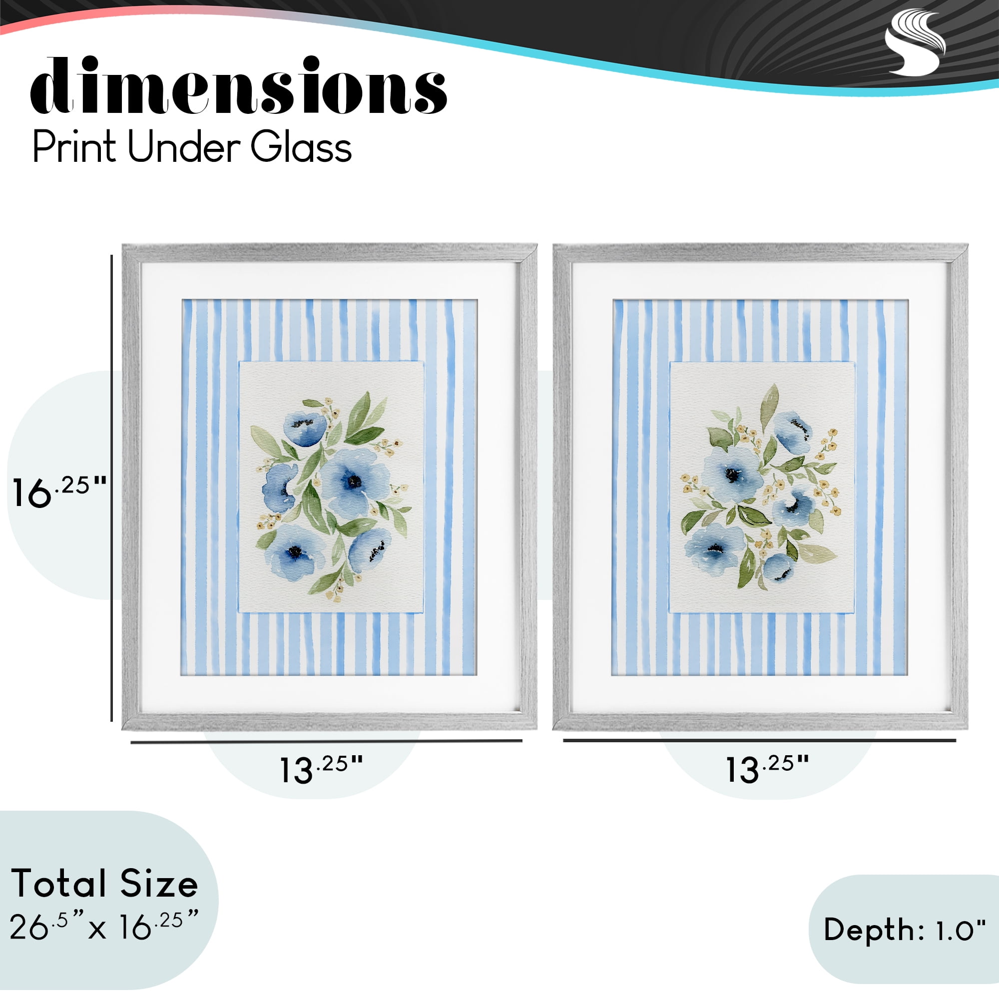 Stupell Industries Blue Flowers with Stripe Border 2 Piece Gray Framed Print Under Glass Set, design by Leah Noel Art