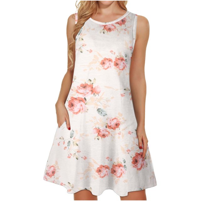 SMihono Hauts pour Femmes Débardeur pour Femmes Mode Femme Sans Manches Col Rond Été Confortable Imprimé Poches Décontracté Ample Robe Débardeur Débardeurs pour Femmes Hauts d'Été pour Femmes