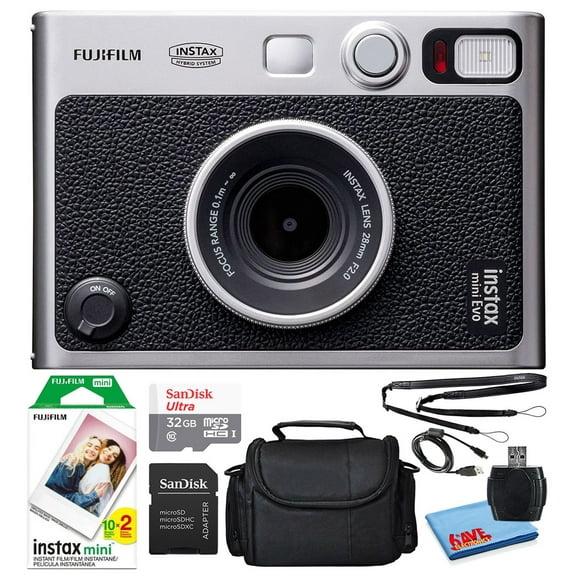Fujifilm Instax Mini EVO Hybrid Instant Film Camera (Black) (16745183) Bundle with 20 Instant Film Sheets 32GB Memory Card Small Padded Case SD Card Reader MicroFiber Cleaning Cloth
