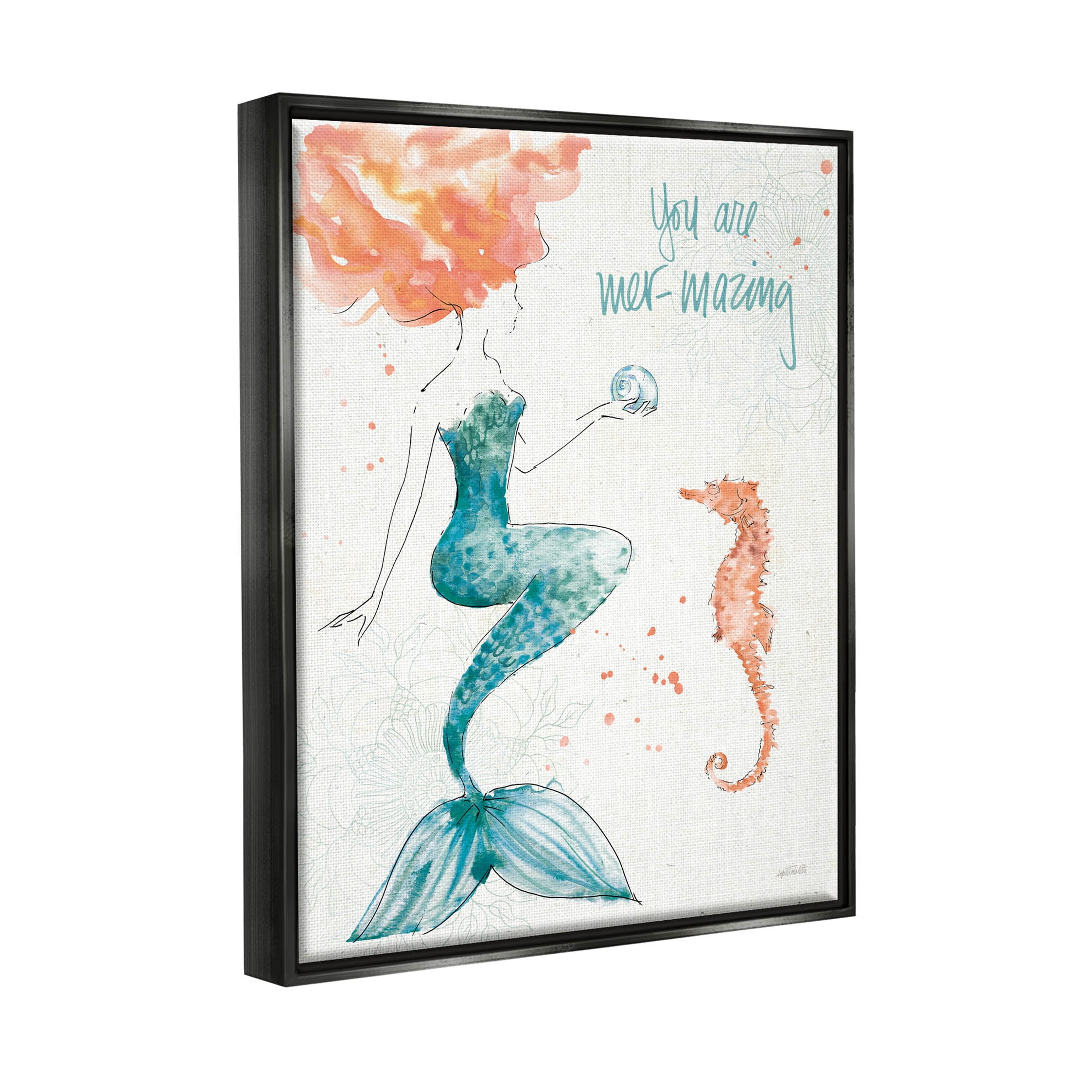Stupell Industries Mer-Mazing Uplifting Mermaid Phrase Graphic Art Jet Black Floating Framed Canvas Print Wall Art, Design by Anne Tavoletti