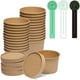 thumbnail image 1 of [25 Sets - 8 oz] Contenedores de sopa de papel kraft c/tapas ventiladas, tazones desechables aptos microondas, vasos p/helado, ideales p/restaurantes + 30 etiquetas autoadhesivas "Hecho a mano", 1 of 7
