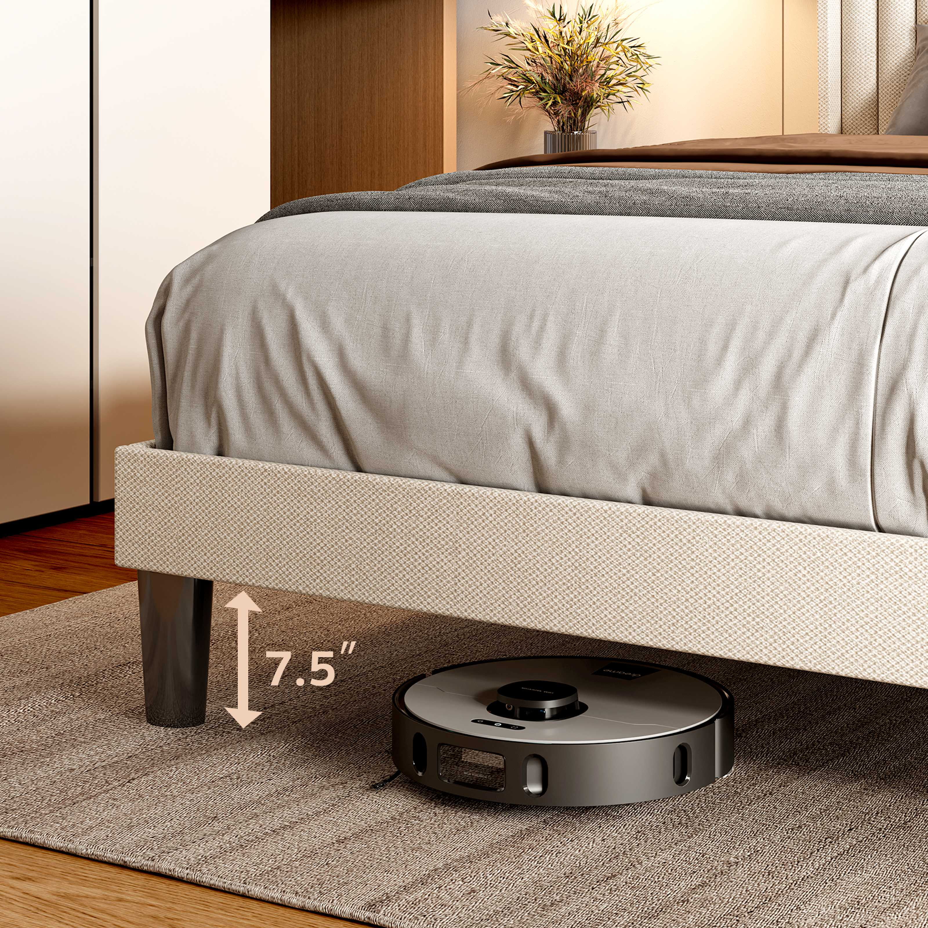 Asofer Queen Size Heavy Duty Bedframe with Upholstered Wingback Headboard, Metal Platform, Beige