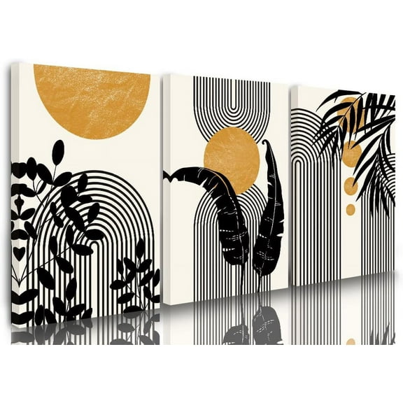3 Piece Boho Framed Canvas Wall Art Set,Mid Century Wall Decor Boho Posters for Bathroom Living Room Wall Decor Black Beige Tropical Leaves Canvas Prints Home Office Artwork Decoration 12"x16"