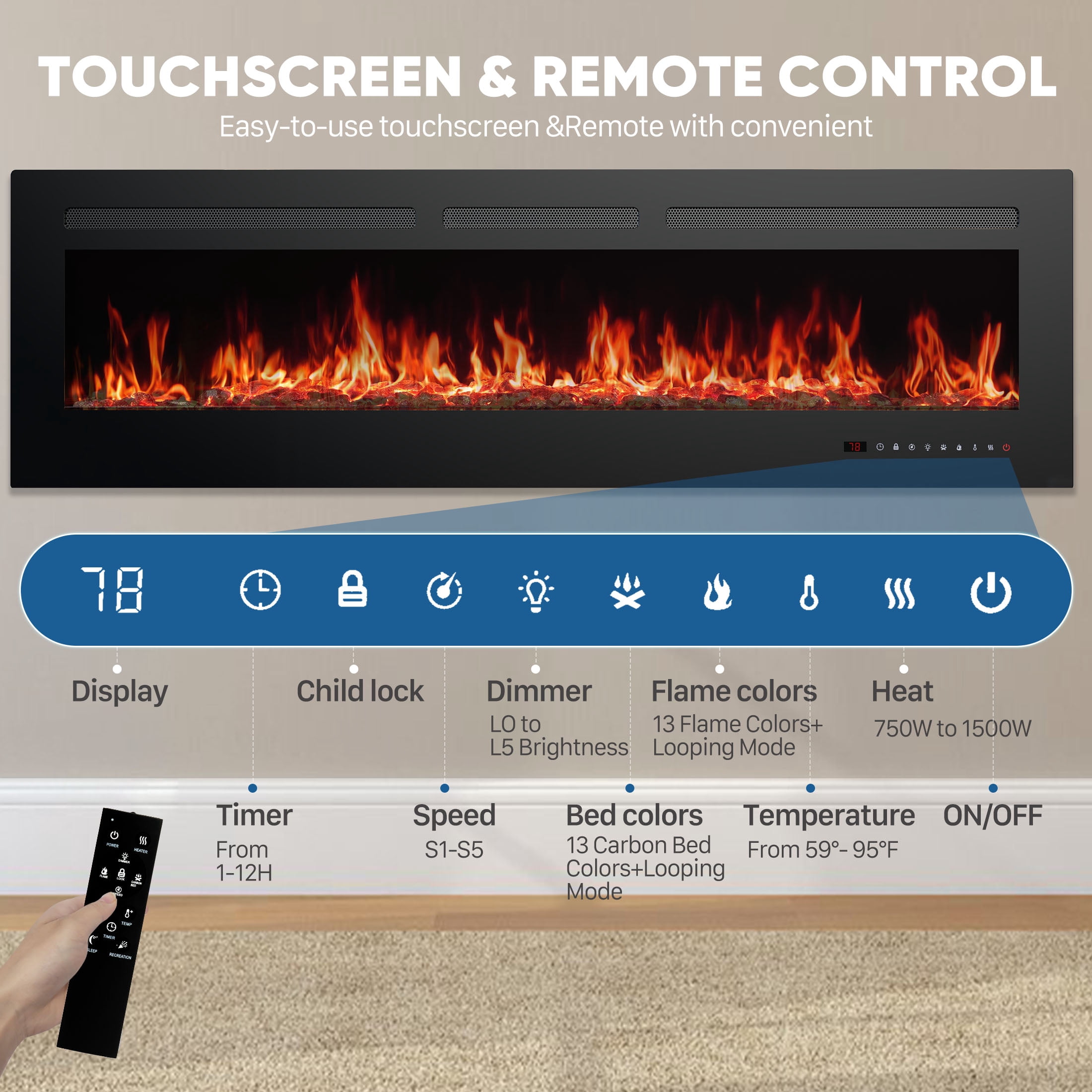 edx 60'' Electric Fireplace, 1500W/750W Wall Mount or Recessed Fireplace Insert and Freestanding, Electric Fireplace Heater with Remote Control,13 Adjustable Flame Color, 12H Timer, Touch Screen