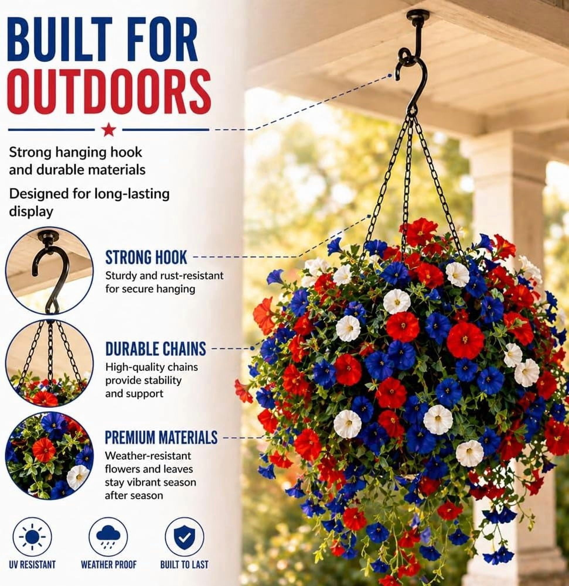 29.53'' Artificial Hanging Baskets with Red White and Blue Flowers, Artificial Flowers, Flower Basket, Hanging Plant for Home Porch Patio Garden Balcony Yard Decor(2pcs)