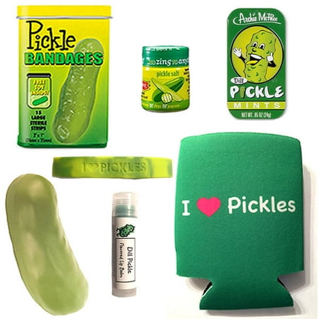 Lovers Set - Deluxe Pickle Lovers Gift Pack (7pc Set) - Pickle Bandages, Lip Balm, Mints, Stress Toy, I Love Pickles Can Cooler, I Heart Pickles Wristband & Dill Pickle Salt