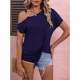 thumbnail image 4 of Camiseta de un solo hombro con hebilla para mujer, camisa con cuello de madeja, manga corta básica versátil, Tops irregulares para mujer, 4 of 5