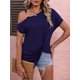 thumbnail image 4 of Camiseta de un solo hombro con hebilla para mujer, camisa con cuello de madeja, manga corta básica versátil, Tops irregulares para mujer, 4 of 5
