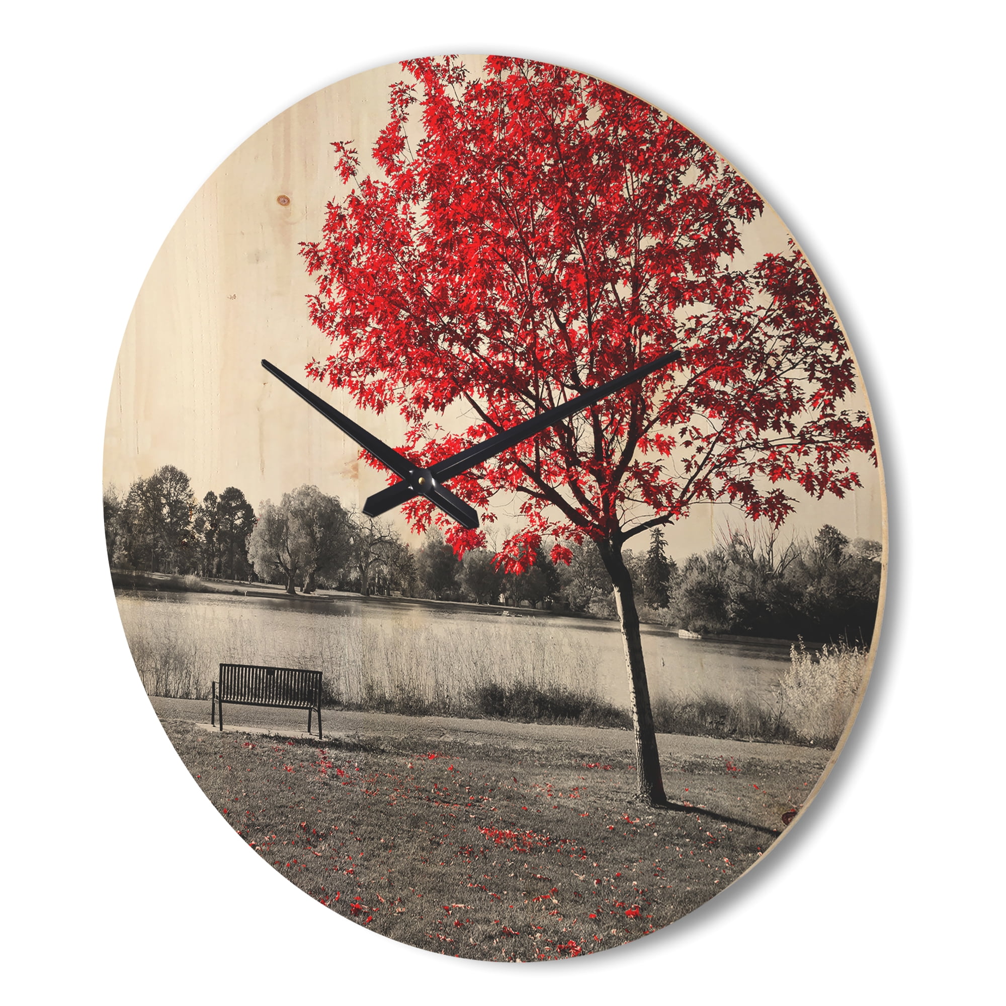 Designart 'Red Tree over Monochrome Park Bench' Modern Wood Wall Clock