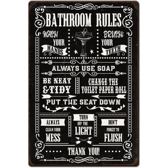 1pc Bathroom Rules Metal Sign 8x12 inch(20x30cm) Vintage Metal Tin Sign Funny Toilet Wall Art Poster Black Bathroom Quotes Signs for DIY Women Men Toilet Washroom Restroom Wall Home Decor