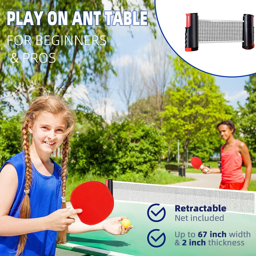 Jercoda All-in-One Ping Pong Table Tennis Set, 2 Player Set with 6 Balls and Retractable Net, Indoor Outdoor Healthy Game
