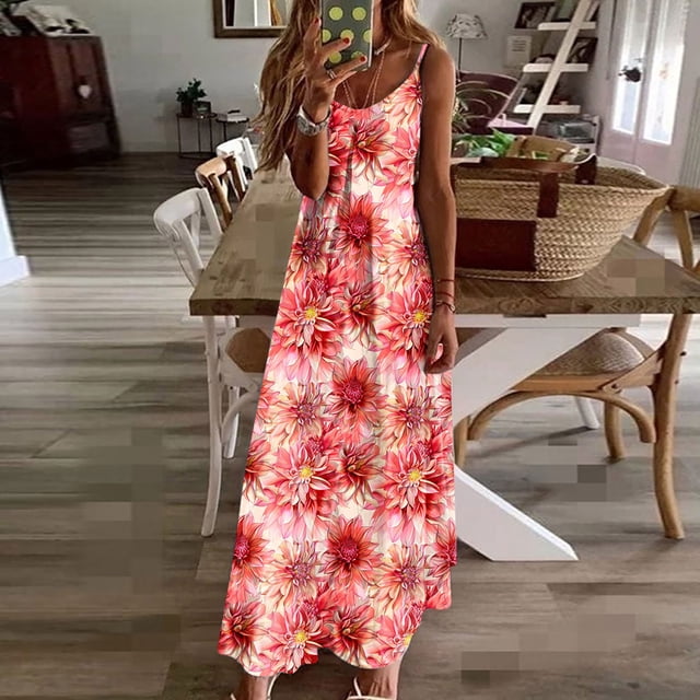 Ovzne Robes d'Été pour Femmes Robe pour Femme Robes d'Été pour Femmes Imprimé Sans Manches Col Rond Robe Décontractée Longues Robes de Vacances Imprimées Liquidation