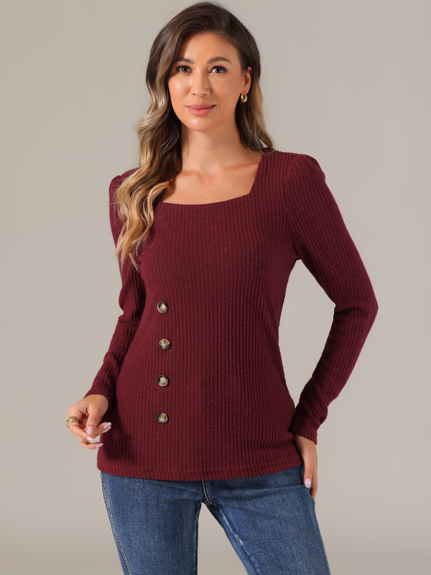 DARING DIVA Square Neck Sweaters Long Sleeve Top XL Burgundy