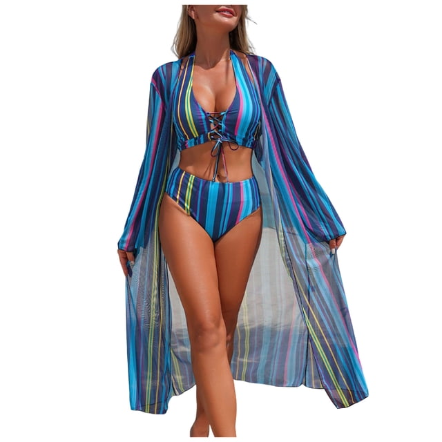 DAFEI Women's Plus Size 3 Piece Swimsuits Triangle Bikini Set with Drawstring Semi Sheer Cover Up Bathing Suit