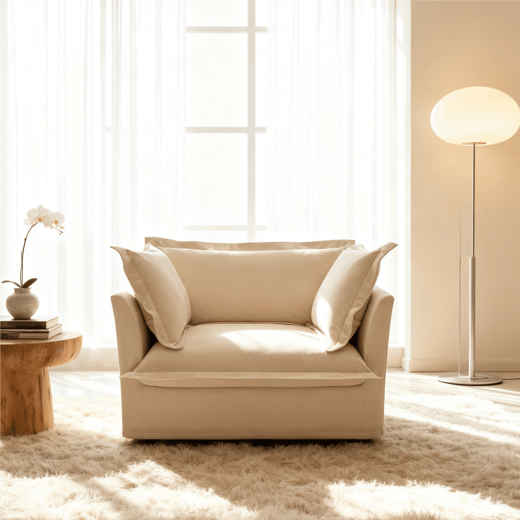 Gewnee Chenille Fabric Cream Deep Seat Singel Accent Chair Sofa Couch for Living Room, Reading Room, Bedroom and Working Spaces