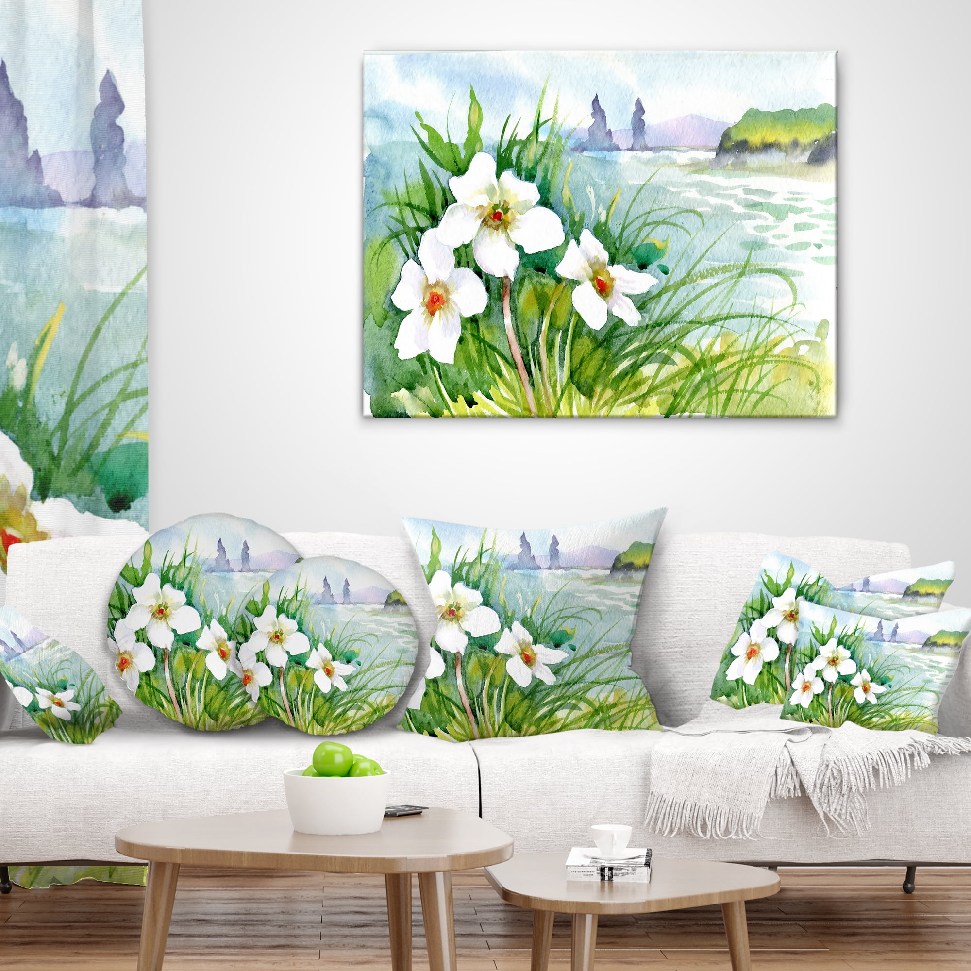 Designart Blooming Flowers on Summer River - Landscape Printed Throw Pillow - 16x16
