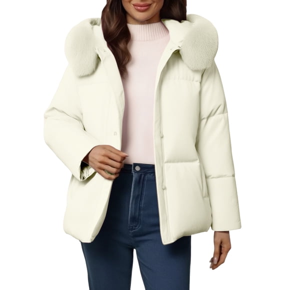 ManxiVoo Women's Winter Hooded Puffer Coat with Faux Fur Trim Loose Fit Thermal Insulated Casual Long Jacket L Size Beige