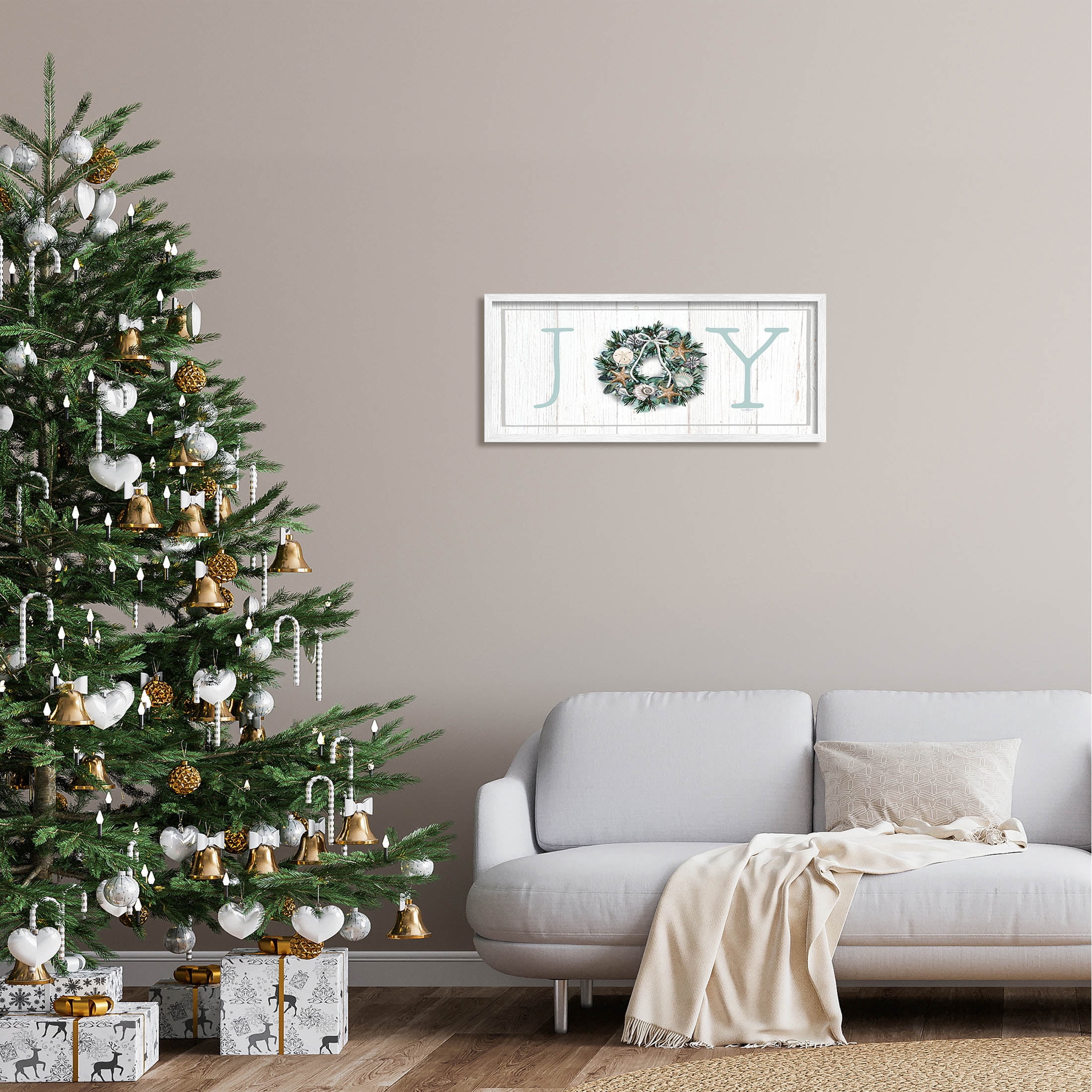 Stupell Industries Joy Holiday Seashell Wreath Graphic Art White Framed Art Print Wall Art, Design by Elizabeth Tyndall
