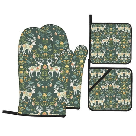 

Oven Mitts and Pot Holders Sets 4 pcs - Deer And Flowers Heat Resistant Silicone Oven Gloves with Non-Slip Silicone Surface and hot pads for kitchen Baking Cooking BBQ
