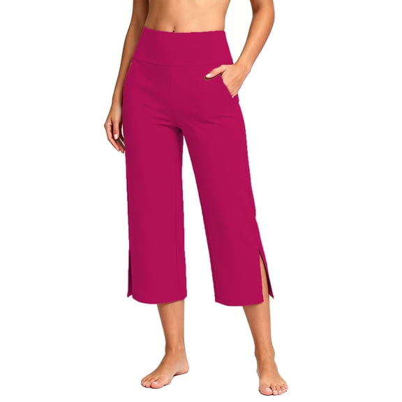 Cagogo Women Plus Size Capri Pants High Waisted Casual Loose Fit with Pockets Solid Sporty Trousers for Summer Beach Lounge Work, Hot Pink L