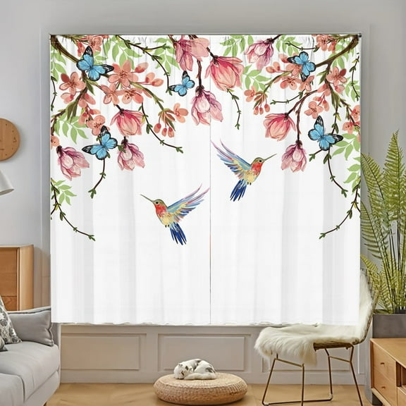WNOOHIY Colorful Hummingbird Floral Plant Butterfly Light-filtering Curtain,29.5" × 65", Set of 2