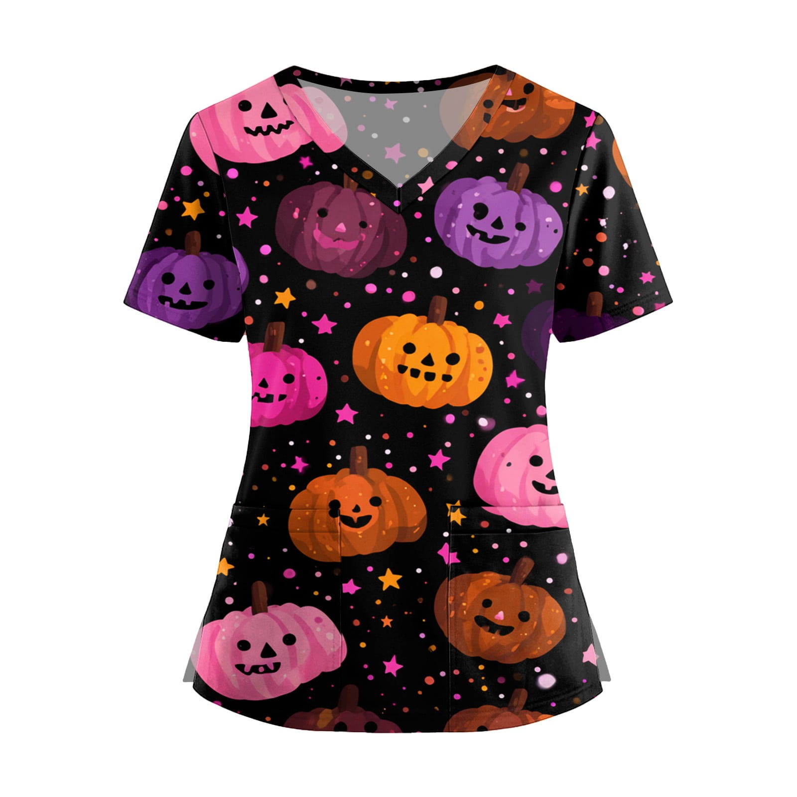Printed Scrub Tops Women，Halloween Scrub Tops Plus Size Cute Pumpkin-Headed Bat Printed Short Sleeve V-Neck Nurse Care Worker Uniform Scrub Top,Light pink，L